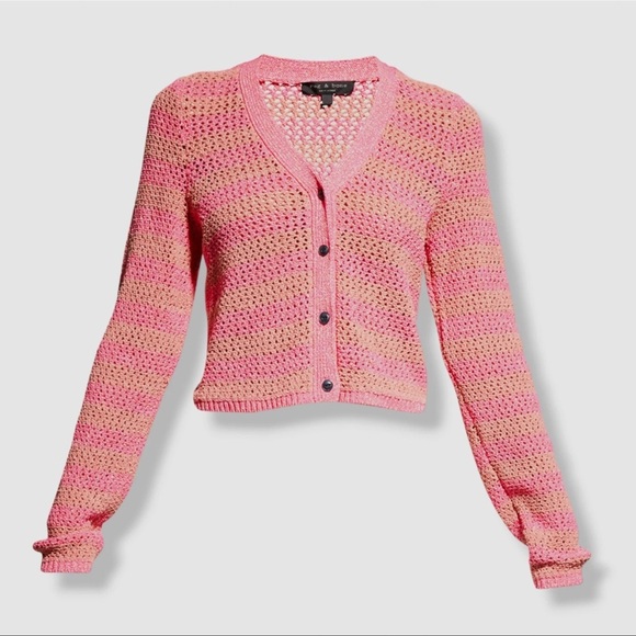 Rag & Bone Women's Pink "Carson" Striped Crochet Cardigan Sweater Size L NWT - Picture 2 of 5